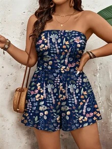 SHEIN VCAY Bộ jumpsuit cúp ngực in hoa lãng mạn dành cho nữ cỡ lớn, thích hợp cho bãi biển và kỳ nghỉ. - Nhiều màu - Xem 3