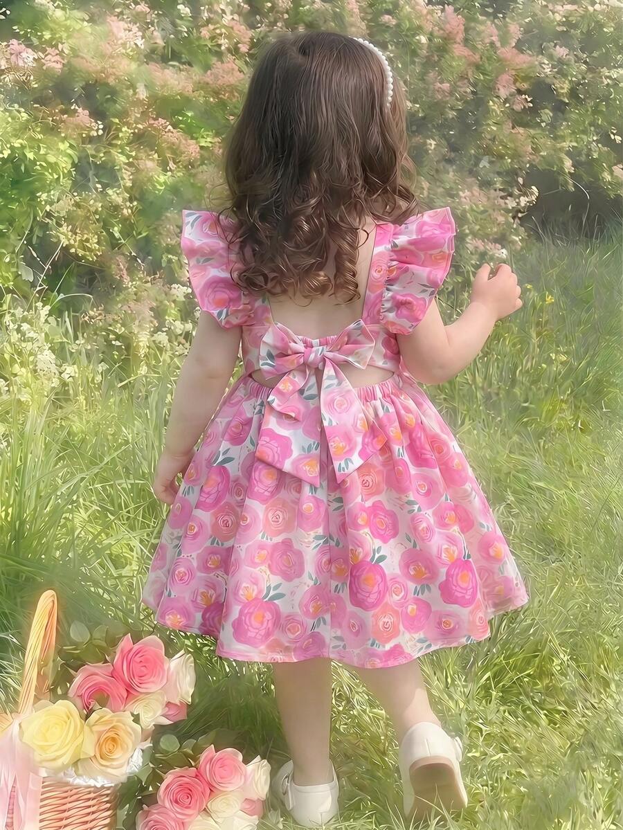 SHEIN Babygirl Cute & Elegant Pink Floral Pattern Dress - Pink - View 1