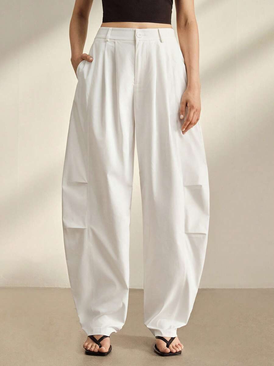 Anewsta Women's White Oversized Casual Loose Barrel Leg Pants With Stacking Effect - White - View 1