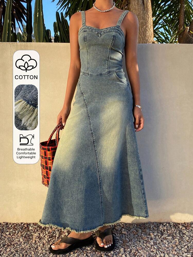 Women's Casual Distressed Washed Sleeveless Denim Dress, Summer Sun Dresses For Women