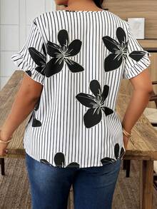 Weeklong Camisa casual de vacaciones con estampado de rayas, mangas con volantes y pétalos para mujer talla grande, primavera/verano - Multicolor - Ver 2