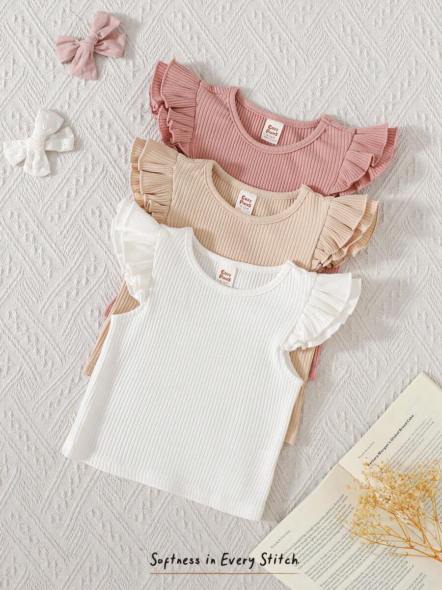 Cozy Pixies 3pcs Baby Girl Solid Color Soft Knit Crew Neck Short Sleeve Top Set - Multicolor - View 1