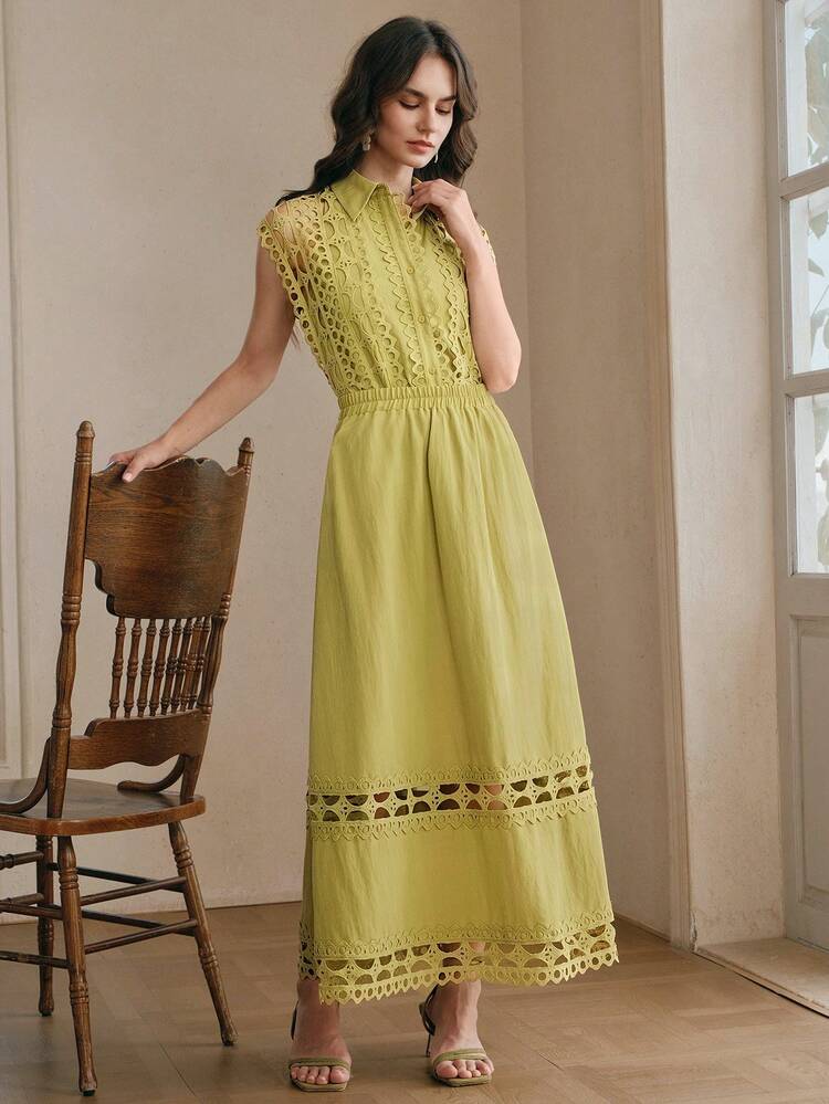 Women's New Yellow-Green Hollow Floral Splice Sleeveless Shirt & Flared Skirt 2 Pieces Set, Versatile For Vacation