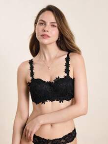 Hourtrue French Lace Bralette For Women | Elegant Floral Pattern, Contrast Lace Details, Wireless, Medium Support, Non-Removable Padding, Push Up Design, Ideal For All Seasons - Black - View 3