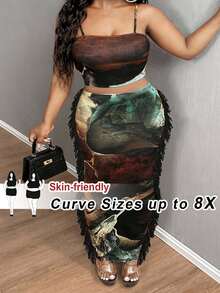 SHEIN CURVE+ 大码女式休闲街头风复古元素印花流苏系带装饰半身裙，适合休闲、购物、街头风、外出等场合，易于搭配，显瘦，修饰身材 - 彩色 - 查看 5
