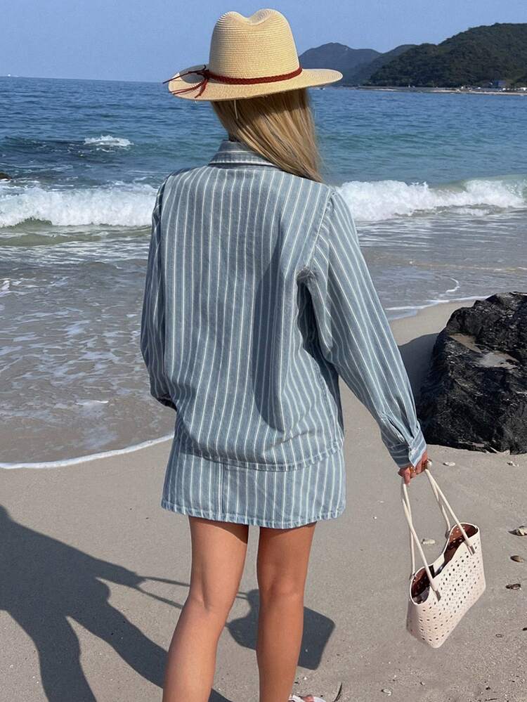 Women's Casual Striped Shirt And Denim Skirt 2-Piece Set, Suitable For Spring And Summer
