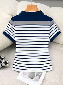 Rovax Women's Short Polo Shirt With Striped Horse Riding Print, Contrast Color Collar - Multicolor - View 2