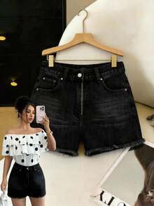 Elenzga Women's High Waist Pocket Frayed Hem Casual Versatile Denim Shorts, Summer, Jorts, Jean Shorts, Jean Shorts For Women - Black - View 1