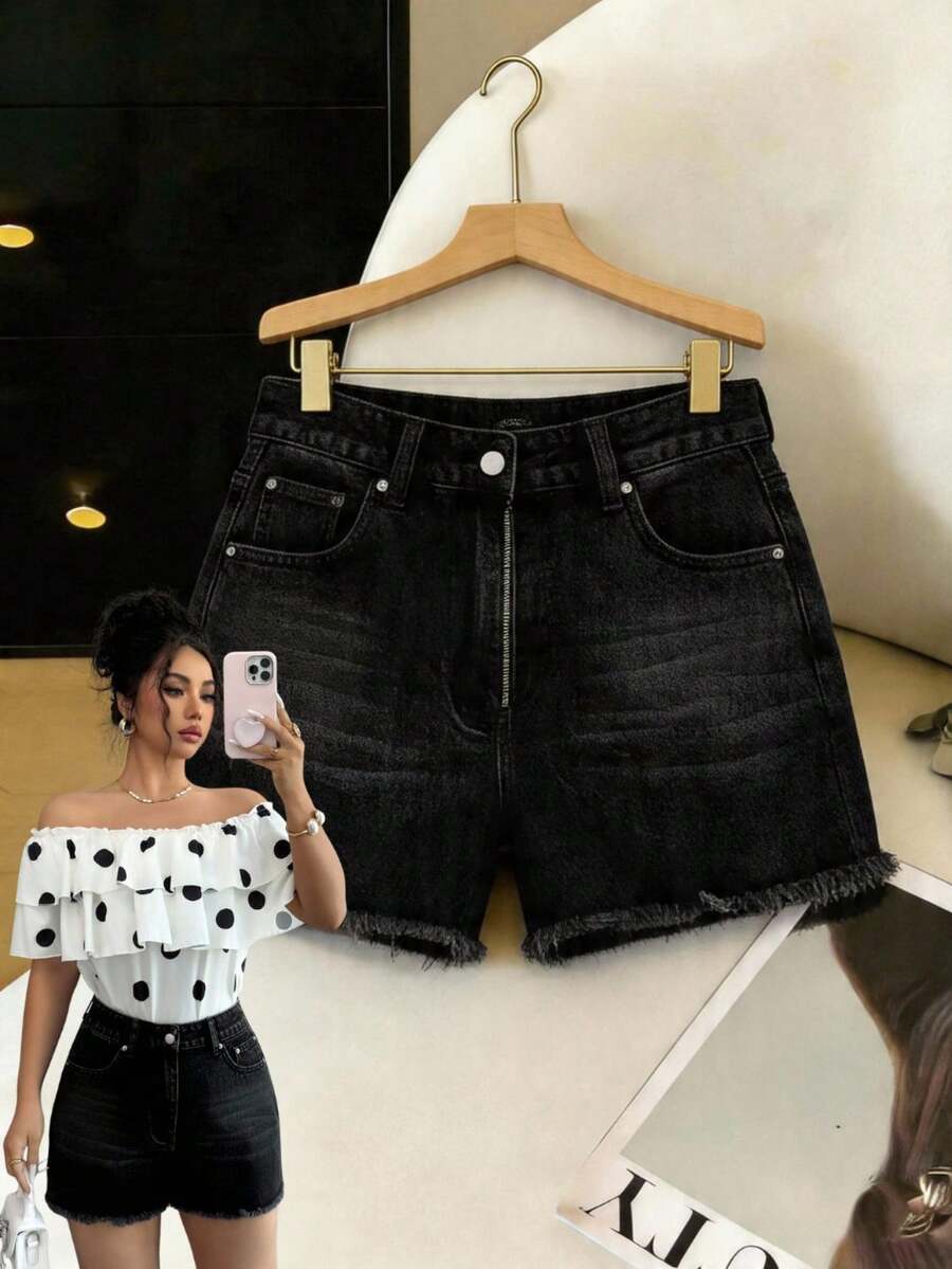 Elenzga Women's High Waist Pocket Frayed Hem Casual Versatile Denim Shorts, Summer, Jorts, Jean Shorts, Jean Shorts For Women - Black - View 1
