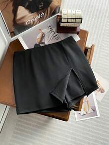 Franclia Falda en línea A de unicolor elegante para mujer con pantalones cortos incorporados, diseño minimalista para ir al trabajo y uso diario, minifalda negra, primavera/verano - Negro - Ver 4