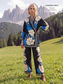CAJUNI Black Boho Wrap-Style Kimono With Floral Print. - Black - View 1