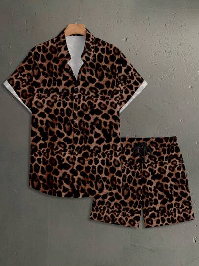 StoneGrade Dark Leopard Print Mature Wild Fashion All-Over Print Men Plus Size Revere Collar Short Sleeve Shirt & Shorts Set