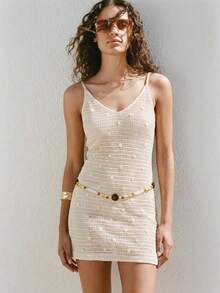 MAIJA Holiday Crochet Mesh V-Neck Spaghetti Strap Bodycon Dress, Summer Beach Boho Beige Women's Clothing Resort Outfit Vacation Country Concert - Apricot - View 7