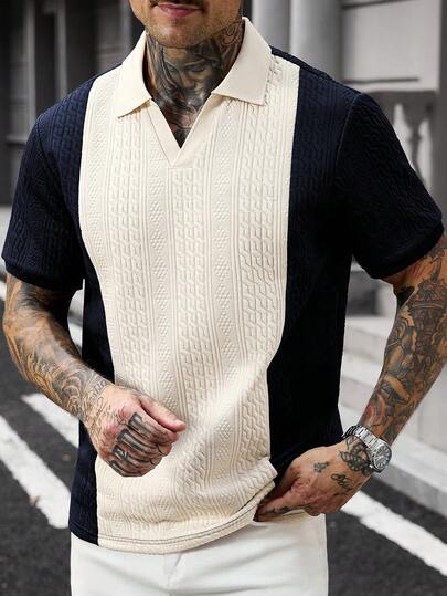 Manfinity CasualCool Men's Contrast Texture Polo Shirt With Turndown Collar, Suitable For Outings And Office Wear