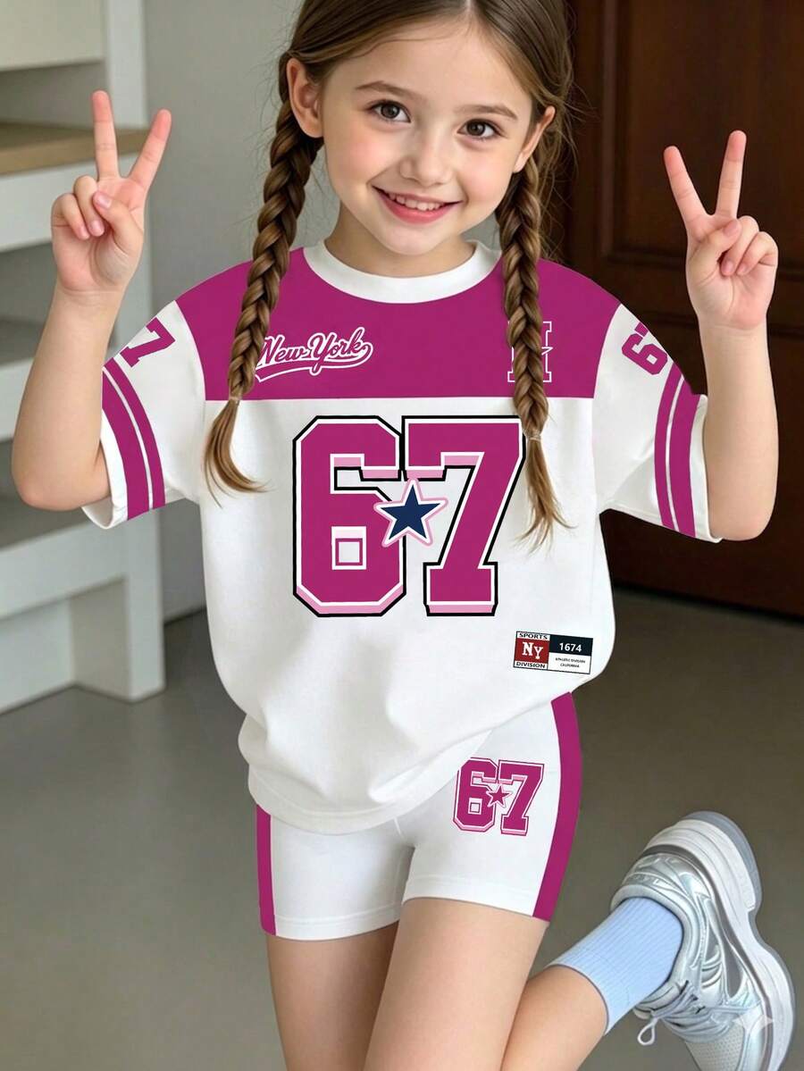 2件套，适合4-7岁女孩，运动/复古风粉白短袖T恤+短裤套装，色彩鲜艳的图案设计，适合日常穿着、上学、运动、儿童节、春夏秋季穿着。 - 彩色 - 查看 1