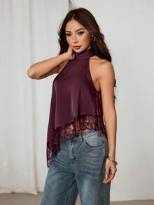 SHEIN PETITE Áo kiểu yếm cổ cao bất đối xứng với viền ren, thích hợp cho tiệc tối, cocktail, trang trọng, thanh lịch, không tay, đi chơi đêm, dự tiệc cưới, mùa hè, thu, kiểu trễ vai. - Màu Đỏ Sâu - Xem 5