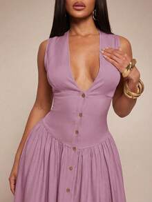 SHEIN x Luisa Sonza Radiana Đầm nữ gợi cảm, thanh lịch, tối giản cổ chữ V không tay, đầm dài, đầm thắt eo, đầm sơ mi cài cúc phía trước, đầm hè, đầm maxi xòe, đầm thường ngày, trang phục công sở thường ngày, đầm phong cách quý tộc cổ điển, thời trang tối giản, đầm đi nghỉ mát - Màu tím - Xem 5