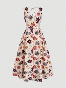 SHEIN Franclia Đầm hoa nữ thanh lịch, lãng mạn, không tay, hở lưng, in họa tiết hoa, thích hợp cho kỳ nghỉ xuân/hè, đi biển, cắm trại, mặc hàng ngày, công sở. - Xám Xanh - Xem 2
