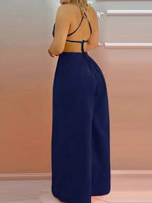 Mono de pierna recta con cuello de halter y espalda descubierta para mujer, de uso casual - Azul Marino - Ver 2
