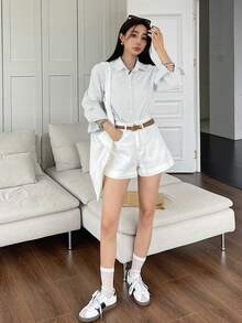DAZY 女士休闲条纹纽扣长袖衬衫 - 白色 - 查看 2