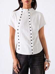 LYSMO Damen Casual Doppelreiher Trichter Kragen Kurzarm Top - Weiss - Übersicht 3