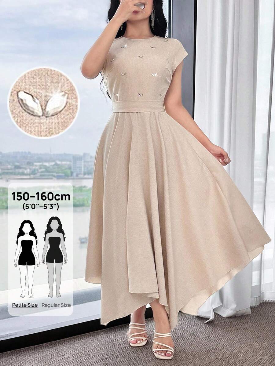 Feyla Petite 女士优雅水钻装饰短袖系带连衣裙,夏季 - 卡其色 - 查看 1