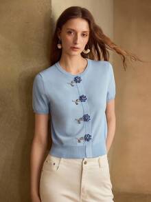 MOTF PREMIUM DELICATE COMMUTING & DATING KNIT TOP WITH 3D FLORAL RHINESTONE DECOR, WAIST CINCHING, CROPPED FIT, ROUND NECK SHORT SLEEVE, LIGHT BLUE, SUITABLE FOR SPRING/SUMMER - Baby Blue - View 8