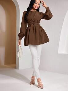 Veilorie Women's Solid Color Round Neck Lantern Sleeve Waist Crossed Ruffle Hem Fashionable Blouse Lantern Sleeve Dress - Coffee Brown - View 7