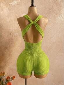 Soleia Women's Solid Color Minimalist Everyday Criss-Cross Jumpsuit - Olive Green - View 2
