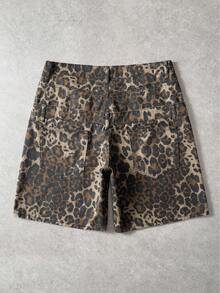 ROMWE MEN Street Life Men's Rhinestone Embellished Leopard Print Denim Shorts - Multicolor - View 2