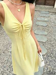 SHEIN PariChic Women's Sleeveless Solid Color Front Tie Midi Dress, Casual Summer - Yellow - View 5