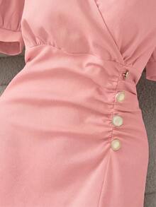 Franclia 女士优雅纯色V领花瓣袖褶皱腰身迷你连衣裙，夏季 - 粉色 - 查看 4