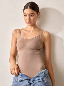 Veilyse Woman Seamless Shapewear Bodysuits Tops Sports Base Layer Top For Women Tummy Control Vest Scoop Neck Ribbed Body Suit Body Shaping Stretchy Chest Support Compression Underwear Basic T Shirt Tops Women Shapewear Slipsfor Summer - Apricot - View 12