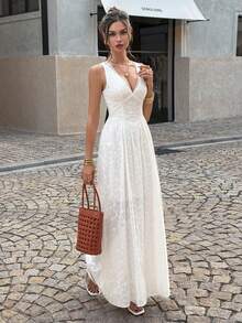 Lucivie Vestido maxi de vacaciones con cuello en V profundo, cintura ceñida y estampado elegante y romántico para mujer - Blanco - Ver 9