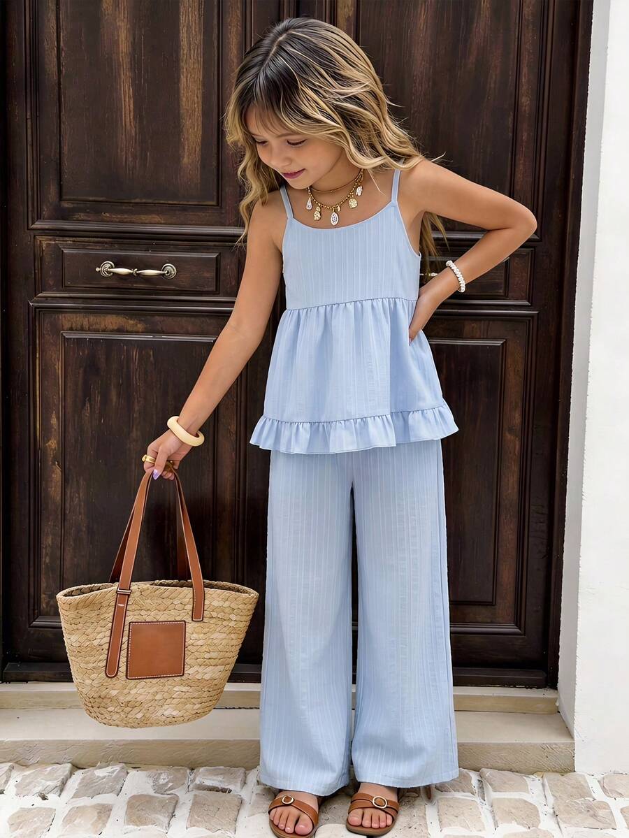 SHEIN Sparklyn Tween Girls Baby Blue Solid Color Sleeveless Top And Pants 2-Piece Set,Summer Tropical Vacation Holiday Clothes,Island Style Vintage Two Piece Sets