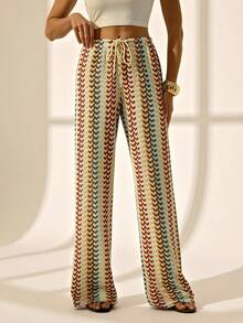 SHEIN Tall 女士度假风抽绳腰带印花宽松阔腿休闲裤，秋季款 - 彩色 - 查看 1