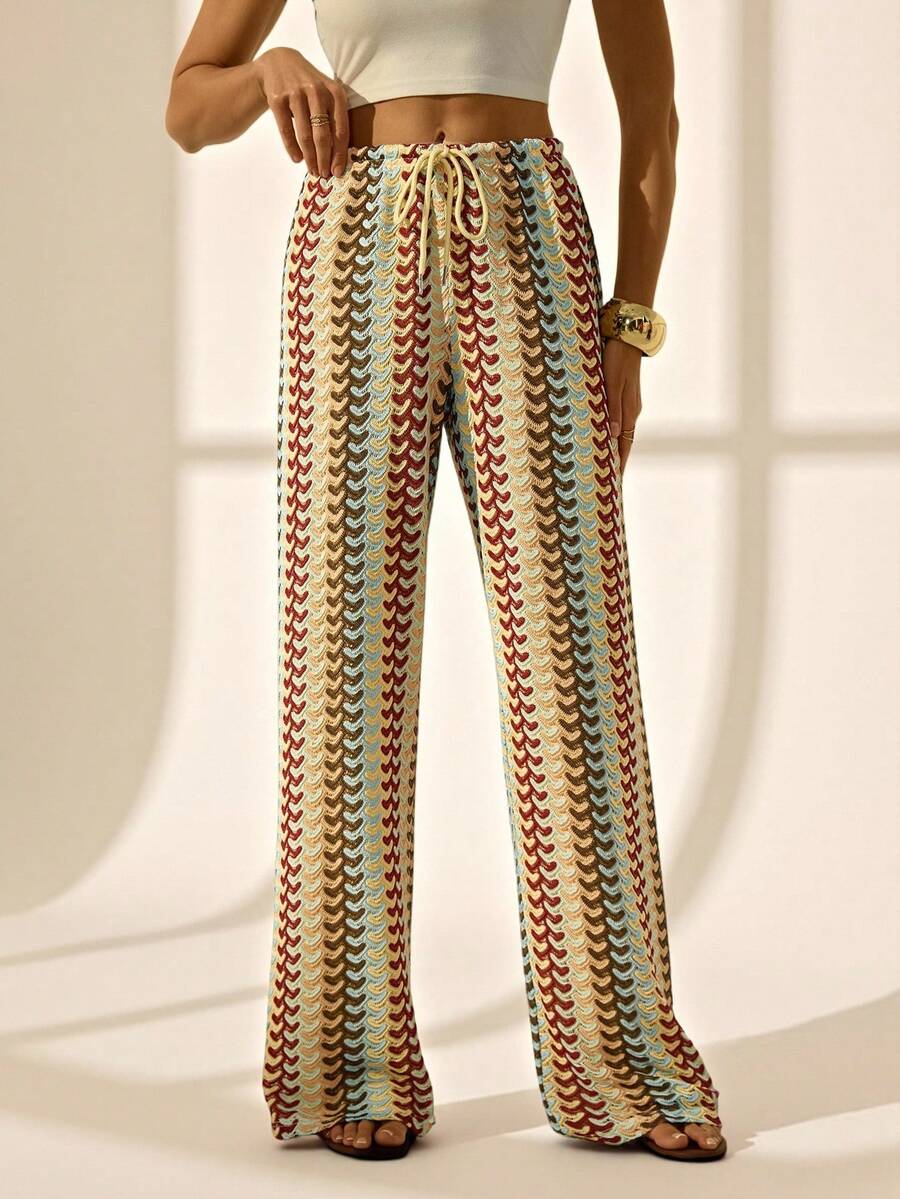 SHEIN Tall 女士度假风抽绳腰带印花宽松阔腿休闲裤，秋季款 - 彩色 - 查看 1