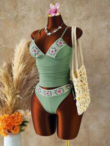 Swim Lushoire Débardeur court en crochet tricoté à bretelles spaghetti réglables avec lien à la taille pour femmes, pour l'été - Vert - Voir 5