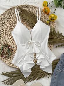 GlowEve 女士夏季法式浪漫系带荷叶边修身吊带衫 - 白色 - 查看 3
