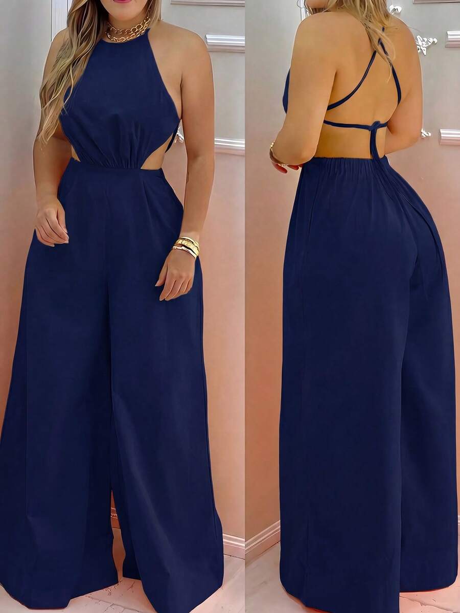 Mono de pierna recta con cuello de halter y espalda descubierta para mujer, de uso casual - Azul Marino - Ver 1