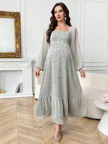 SHEIN 孕妇碎花印花方领荷叶边下摆优雅长袖连衣裙 - 彩色 - 查看 3