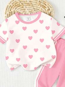 SHEIN 2pcs/Set Retro Sweet Girl Heart Print Light Pink T-Shirt And Leggings,Summer School Sports Casual Loose Outfit,Stripe Round Neck Short Sleeve Set - Multicolor - View 3