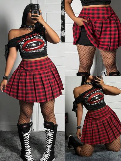Whyspr Plus Size Spring/Summer Punk Plaid Pleated Skirt Pants