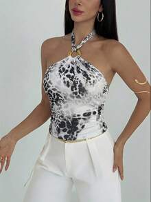 Aloruh Áo tank top nữ gợi cảm hở lưng, cổ yếm, phong cách Bohemian, chất liệu vải lưới in họa tiết động vật phối kim loại, thích hợp cho các lễ hội âm nhạc, kỳ nghỉ biển, dạo phố hàng ngày, mang đến vẻ quyến rũ. - Đen và trắng - Xem 3