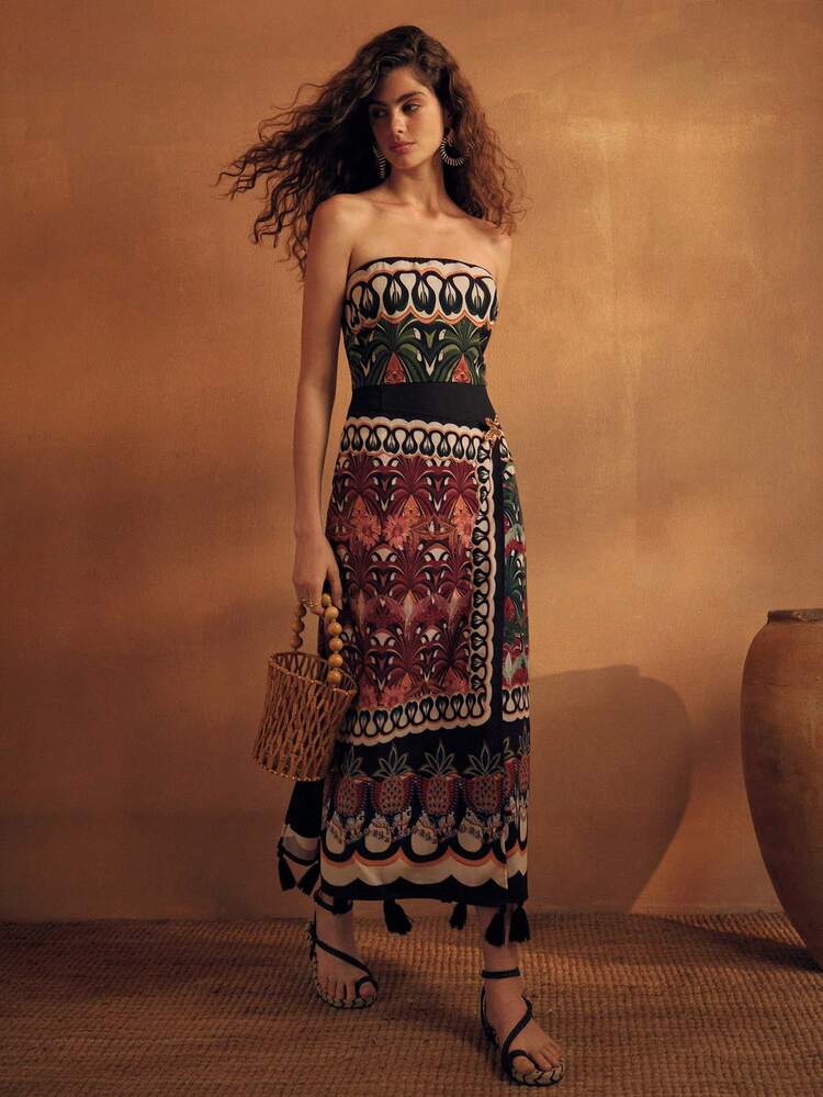 WOMEN'S TROPICAL PRINT TASSEL DECOR VACATION WRAP HEM TUBE DRESS