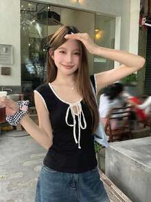 DAZY 女式韩版波点优雅无袖蝴蝶结上衣夏季 - 黑色 - 查看 3
