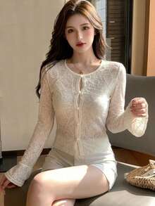 DAZY 女士纯色短款纹理面料喇叭袖休闲度假春夏上衣 - 杏色 - 查看 7