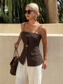 Livesso Chaleco sin mangas de cárdigan marrón, estilo minimalista casual para vacaciones y viajes para mujeres, adecuado para primavera y verano - Marrón - Ver 1