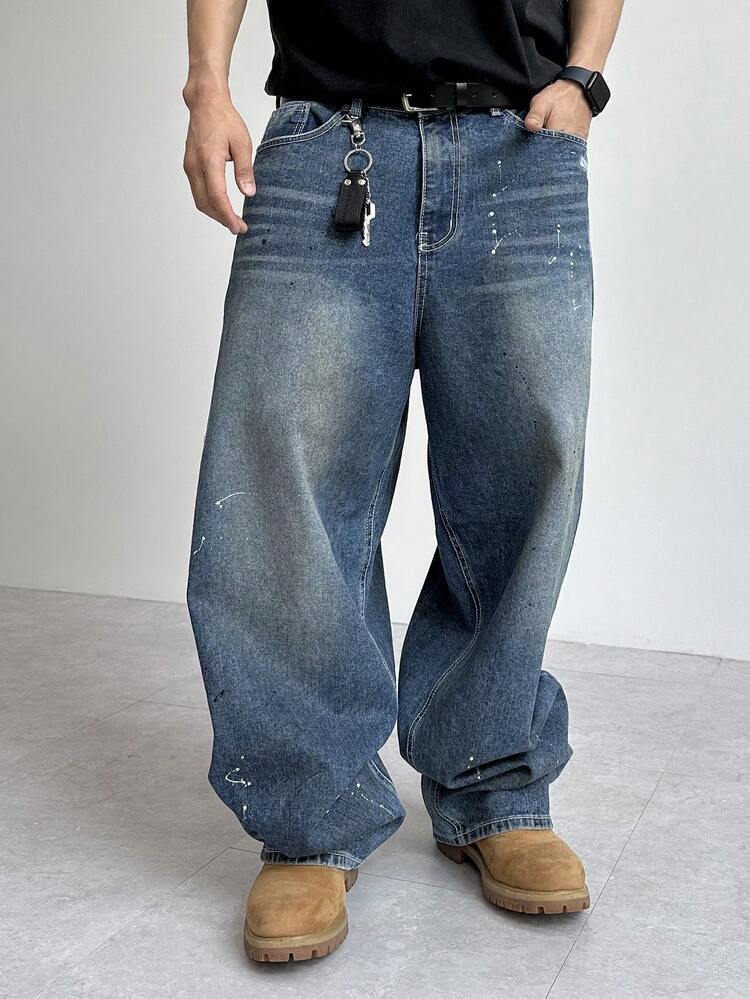 Men's Distressed Washed Long Denim Jeans, Suitable For Spring And Autumn Summer