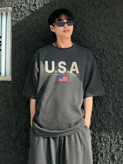 DAZY Áo thun ngắn tay màu xám in chữ, kiểu dáng bạc màu, dành cho nam, thích hợp cho mùa hè.